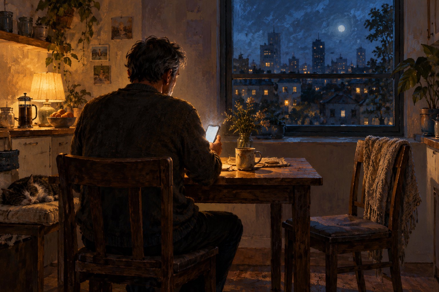 Conceptual illustration of a man looking at a glowing phone at a kitchen table beside an empty chair at night.