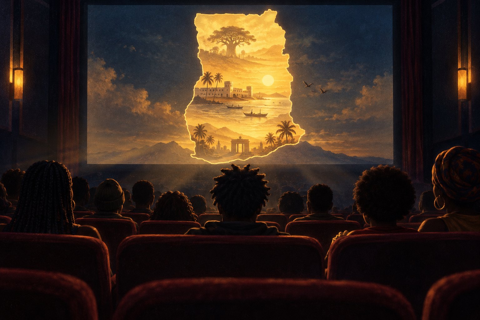 Conceptual illustration of a cinema audience facing a glowing outline of Ghana on a large screen.