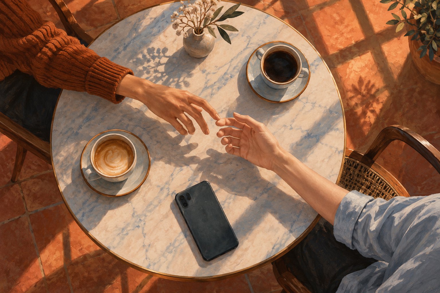 Conceptual illustration of two people reaching toward each other across a cafe table beside coffee cups and a face-down phone.