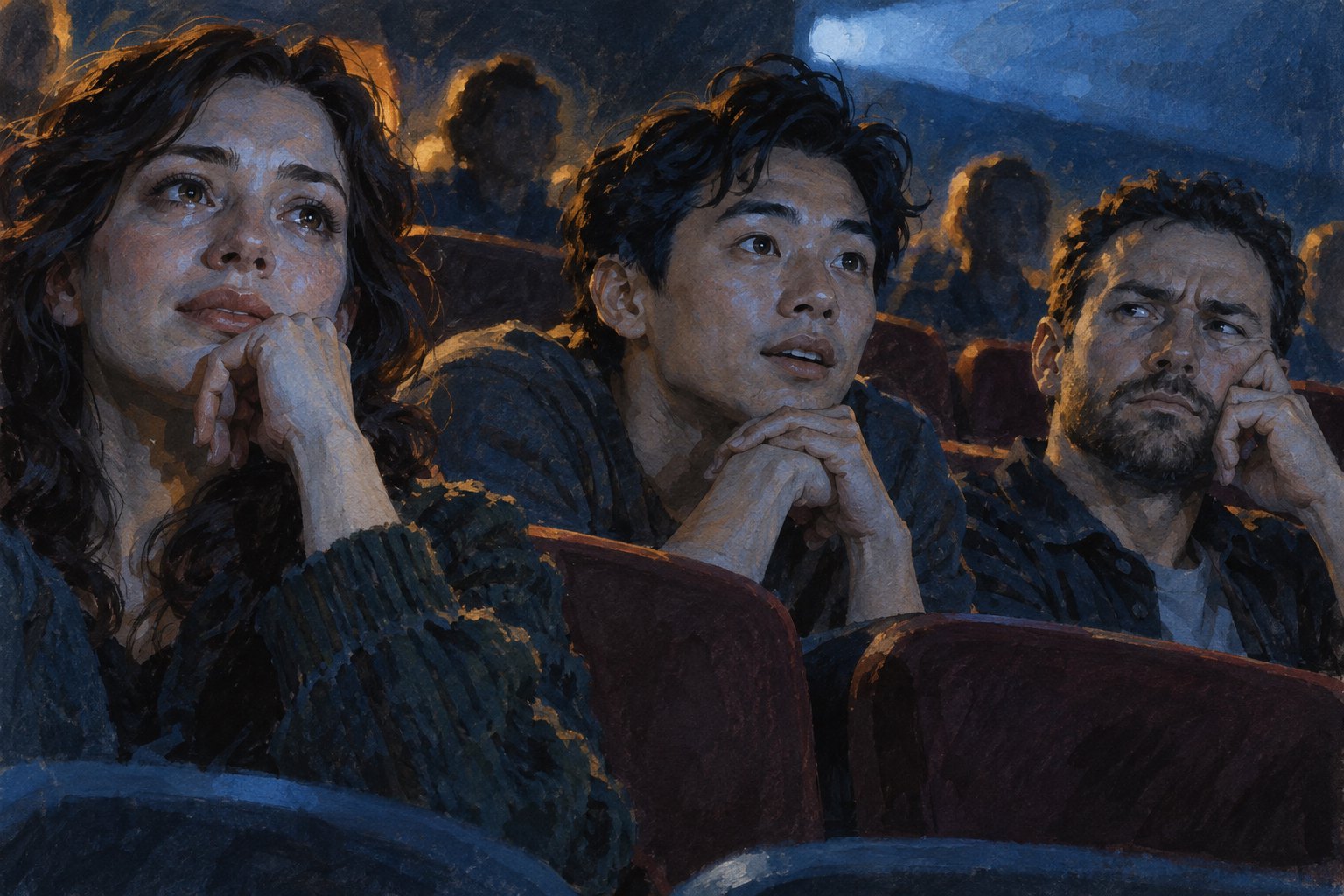 Painterly illustration of three cinema audience members showing thoughtful, intrigued, and skeptical reactions in blue screen light.