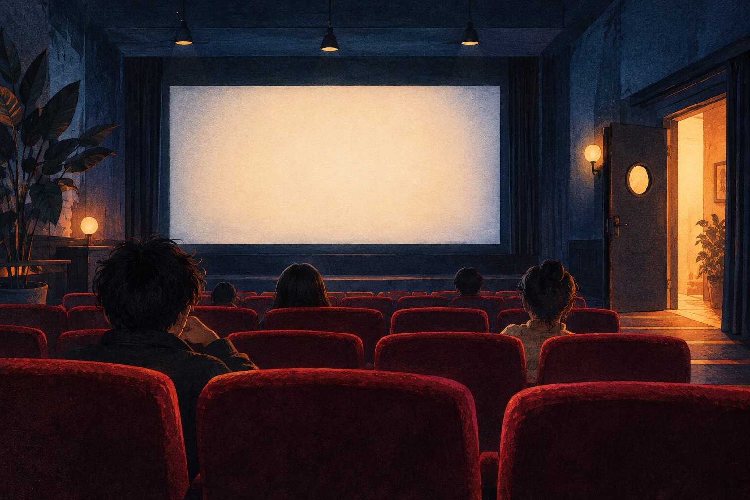 影院主题插画中，观众坐在红色座椅上等待放映，空白银幕与侧门透出暖光