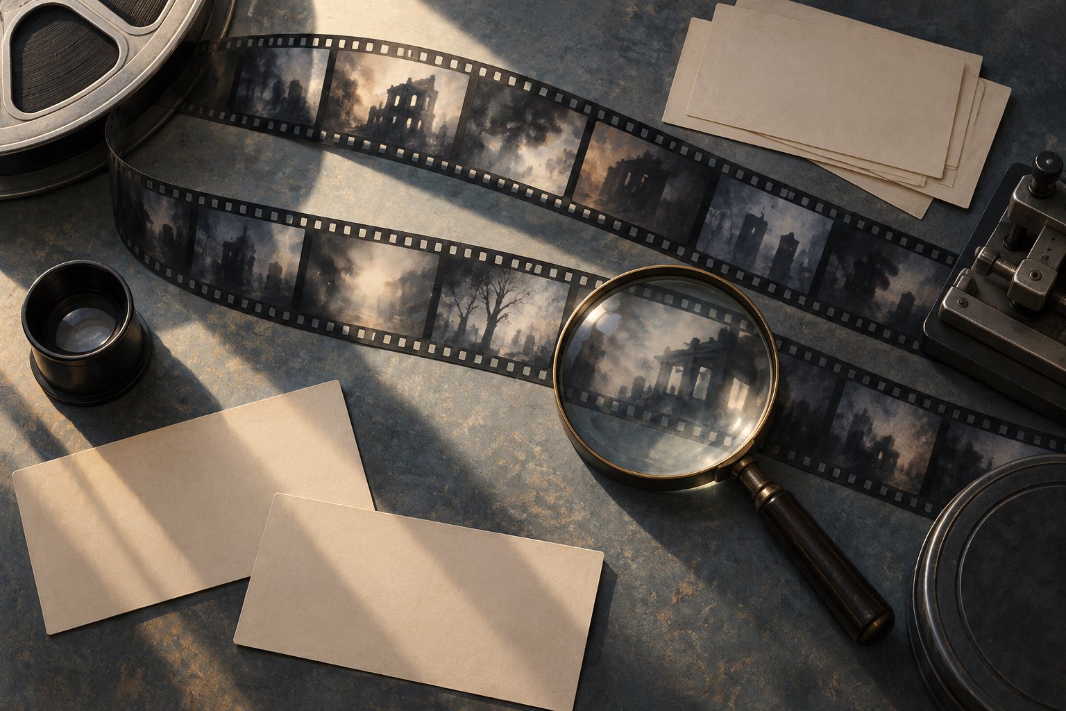 Symbolic illustration of filmstrips showing imagined ruins beside a magnifying glass and blank cards on an editing table.
