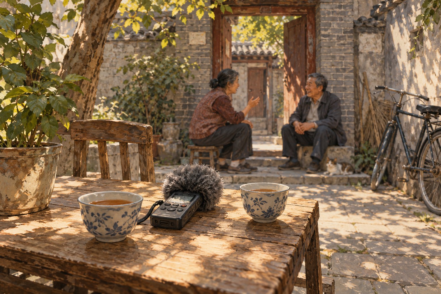茶杯与录音设备前的街巷居民交谈场景插画,表现城市生活与声音,非影视剧照