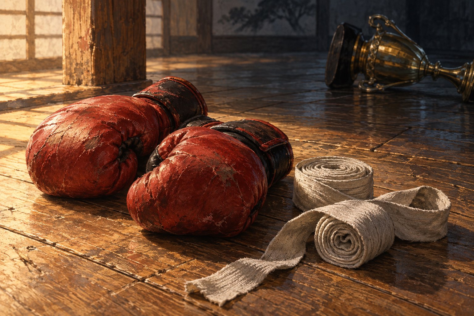 Conceptual illustration of red sparring gloves and cotton hand wraps on a wooden floor beside a fallen gold trophy.