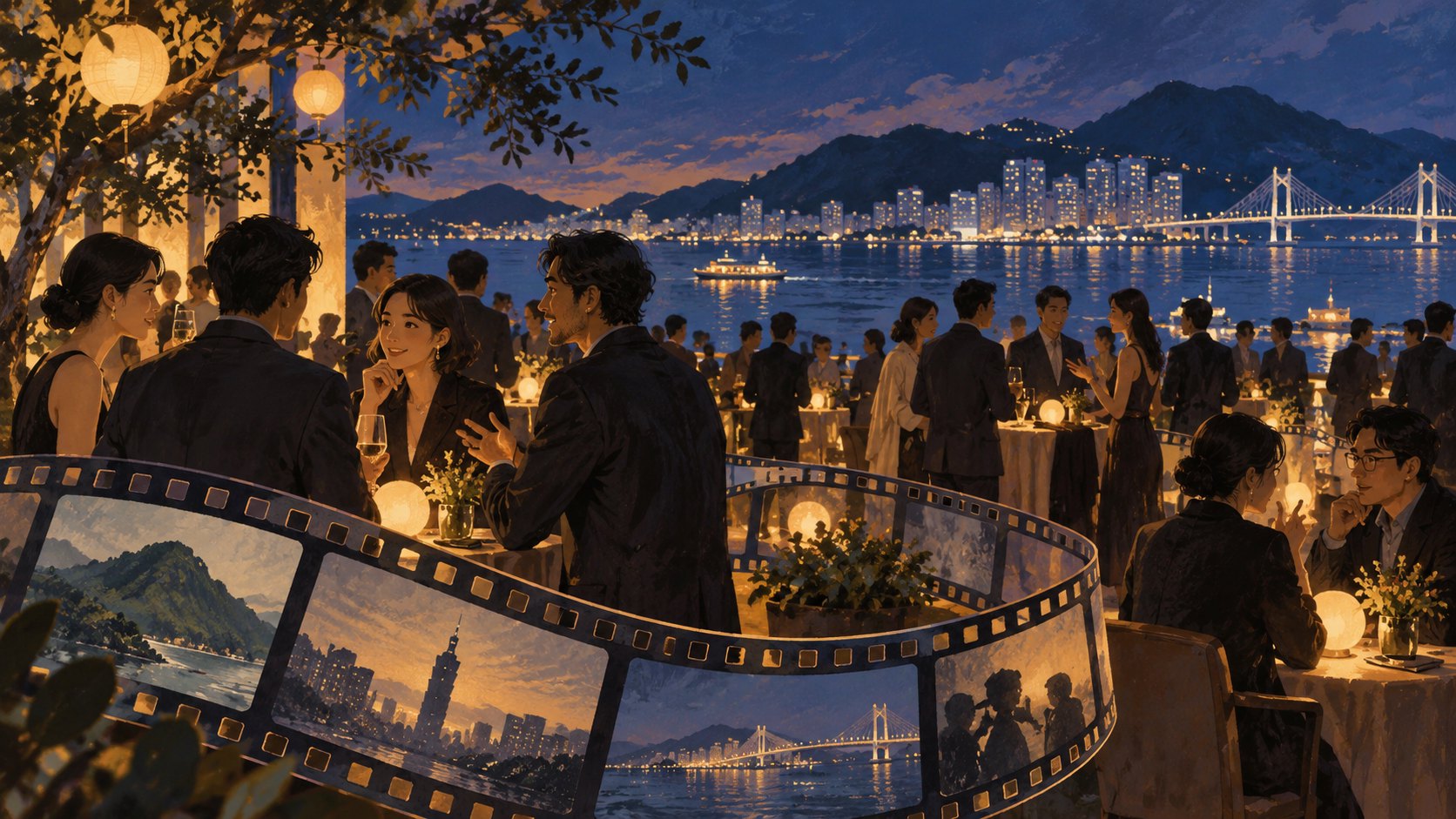 港灣夜色中影業人士交流,前景膠卷串連城市與人群的概念插畫,非活動現場