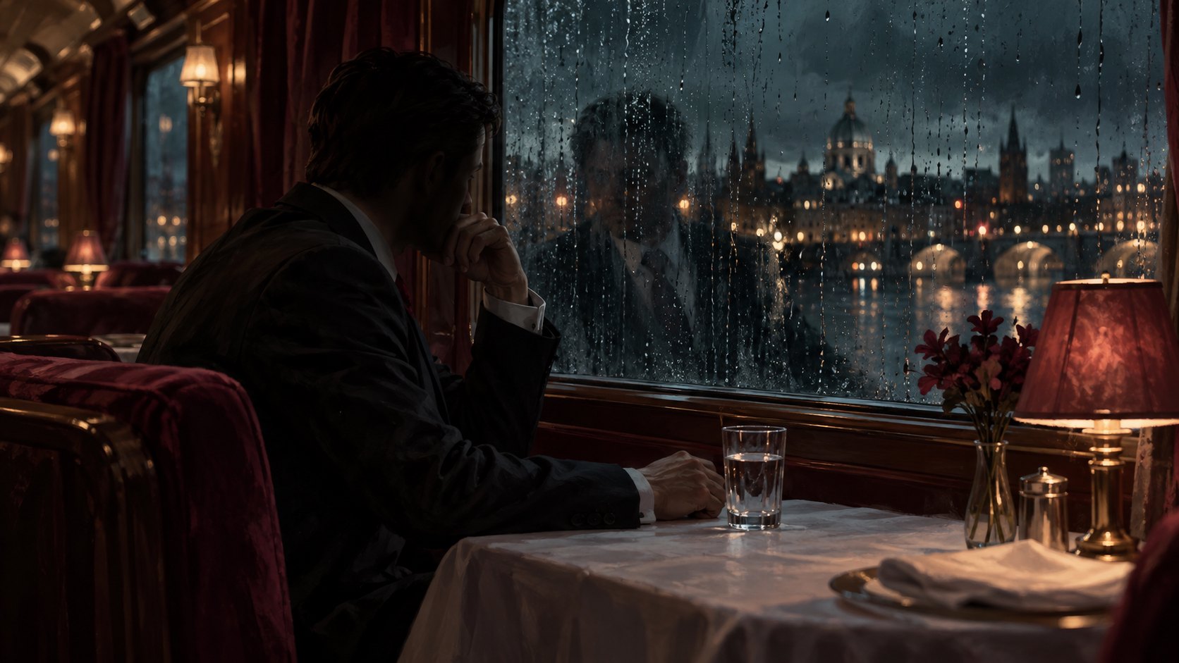 原創概念插畫:西裝人物獨坐夜間列車餐桌旁,雨水玻璃映出模糊倒影與城市燈光