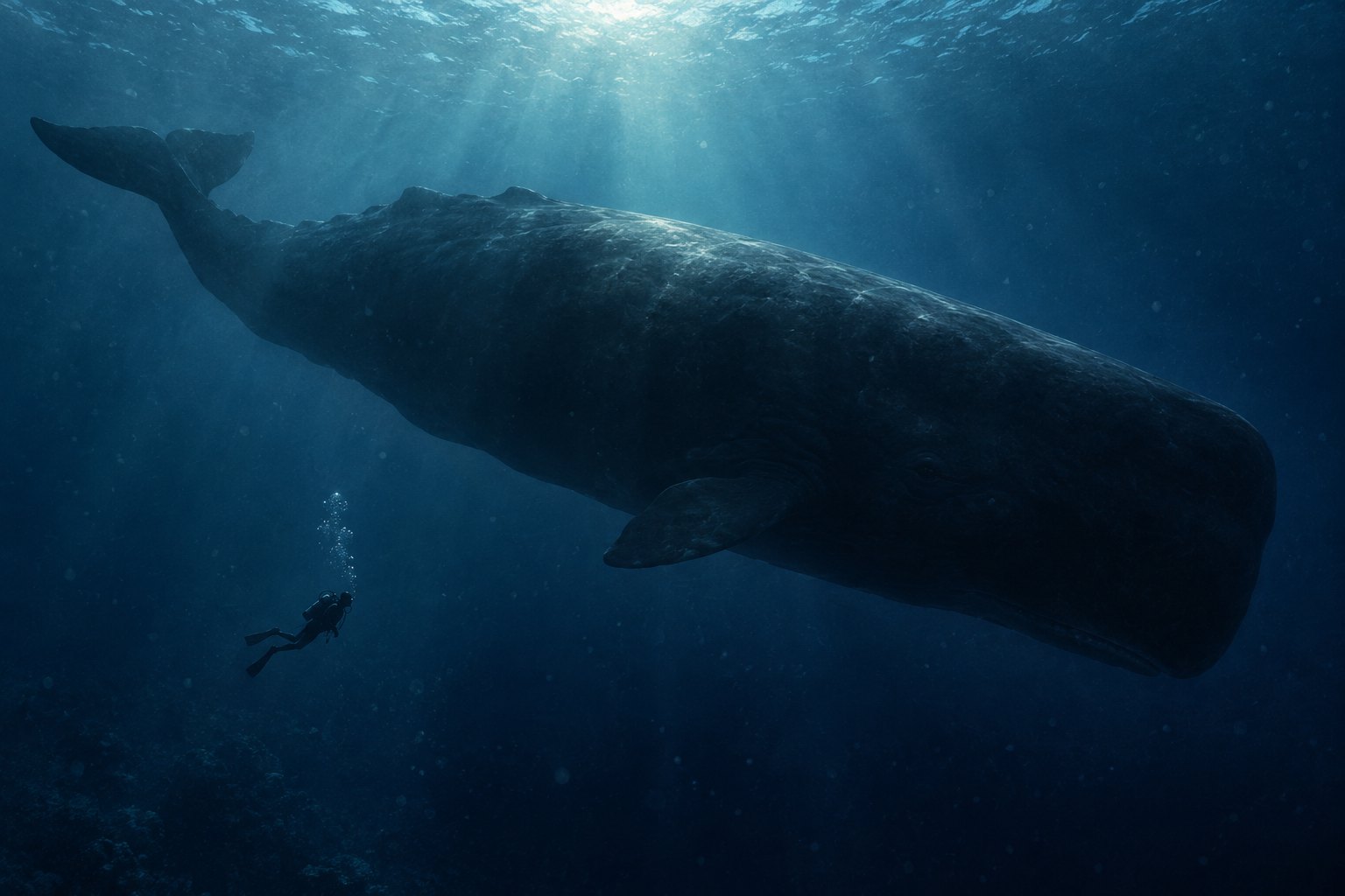 Concept illustration of a lone scuba diver dwarfed by a sperm whale beneath shafts of blue ocean light.