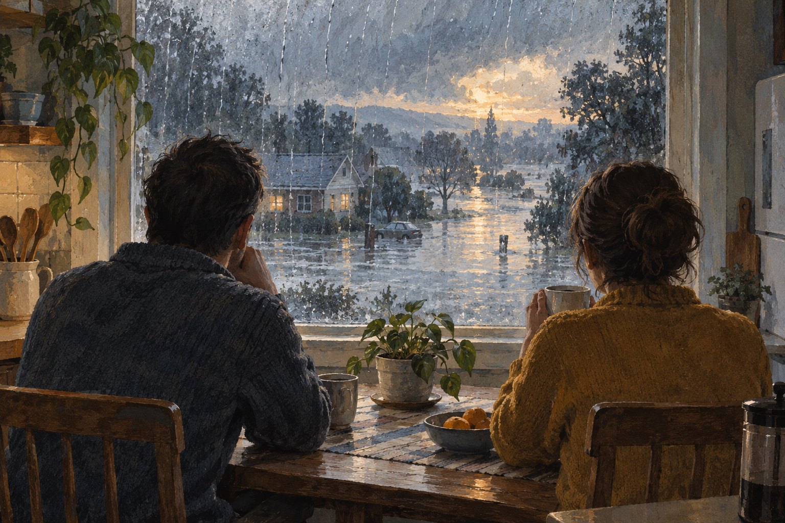 Conceptual illustration of two adults at a kitchen table looking through a rain-streaked window toward their neighborhood.