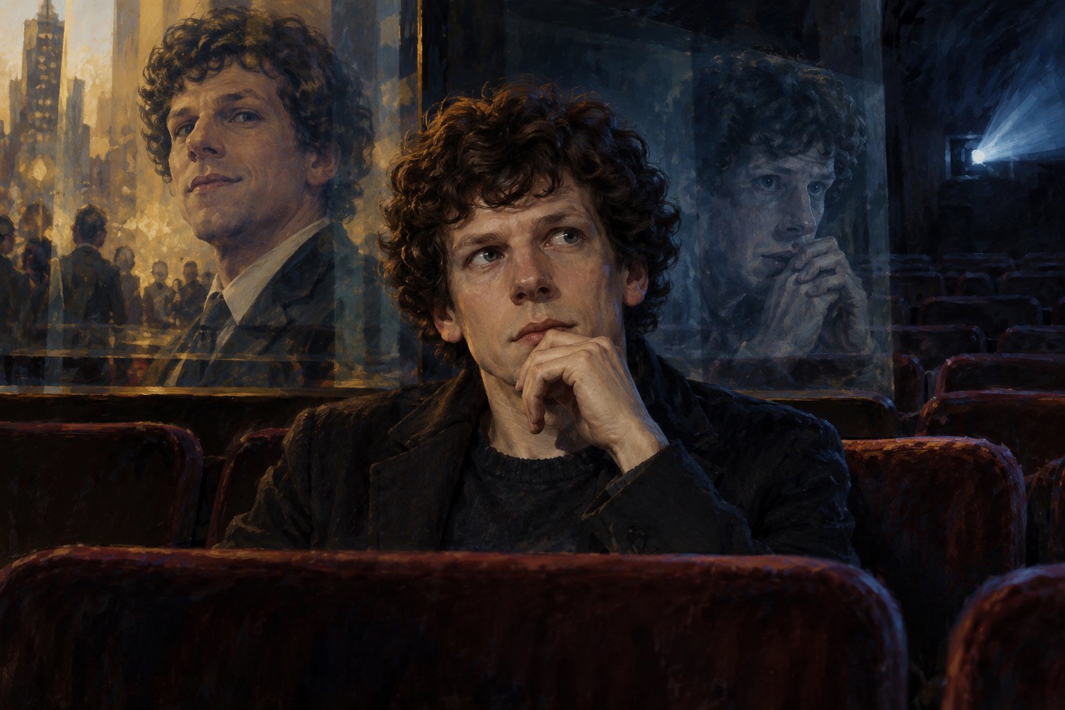 Painterly portrait of Jesse Eisenberg in a dim cinema, with layered reflections suggesting contrasting screen personalities.