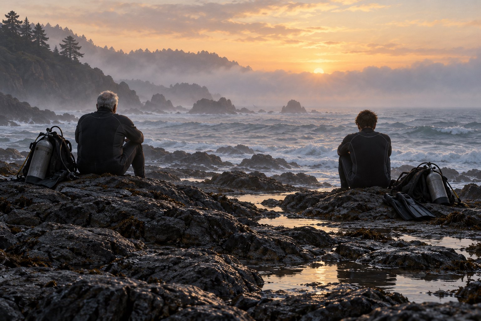 Concept illustration of older and younger divers sitting apart on a rocky coastline at dawn, with scuba equipment beside them.