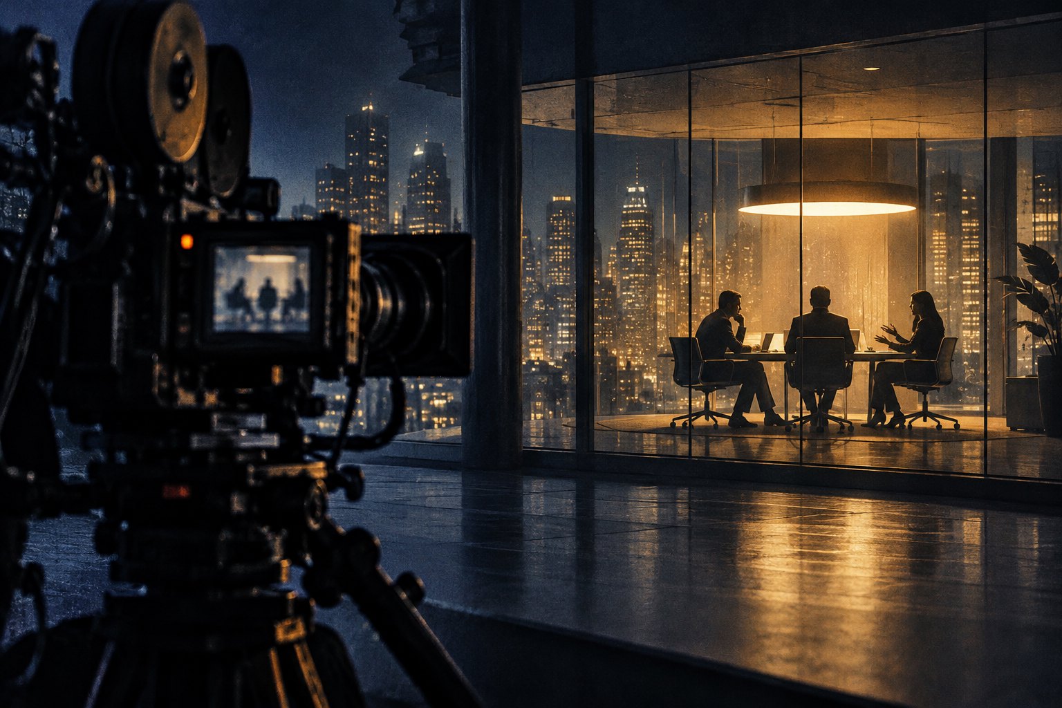 Conceptual illustration of a cinema camera aimed at three silhouetted people in a glass meeting room overlooking a city at night.