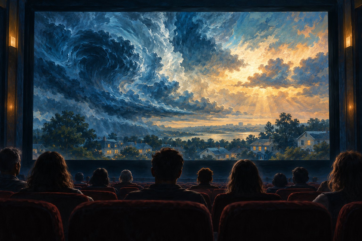 Conceptual illustration of a cinema audience watching a turbulent sky above a residential landscape.