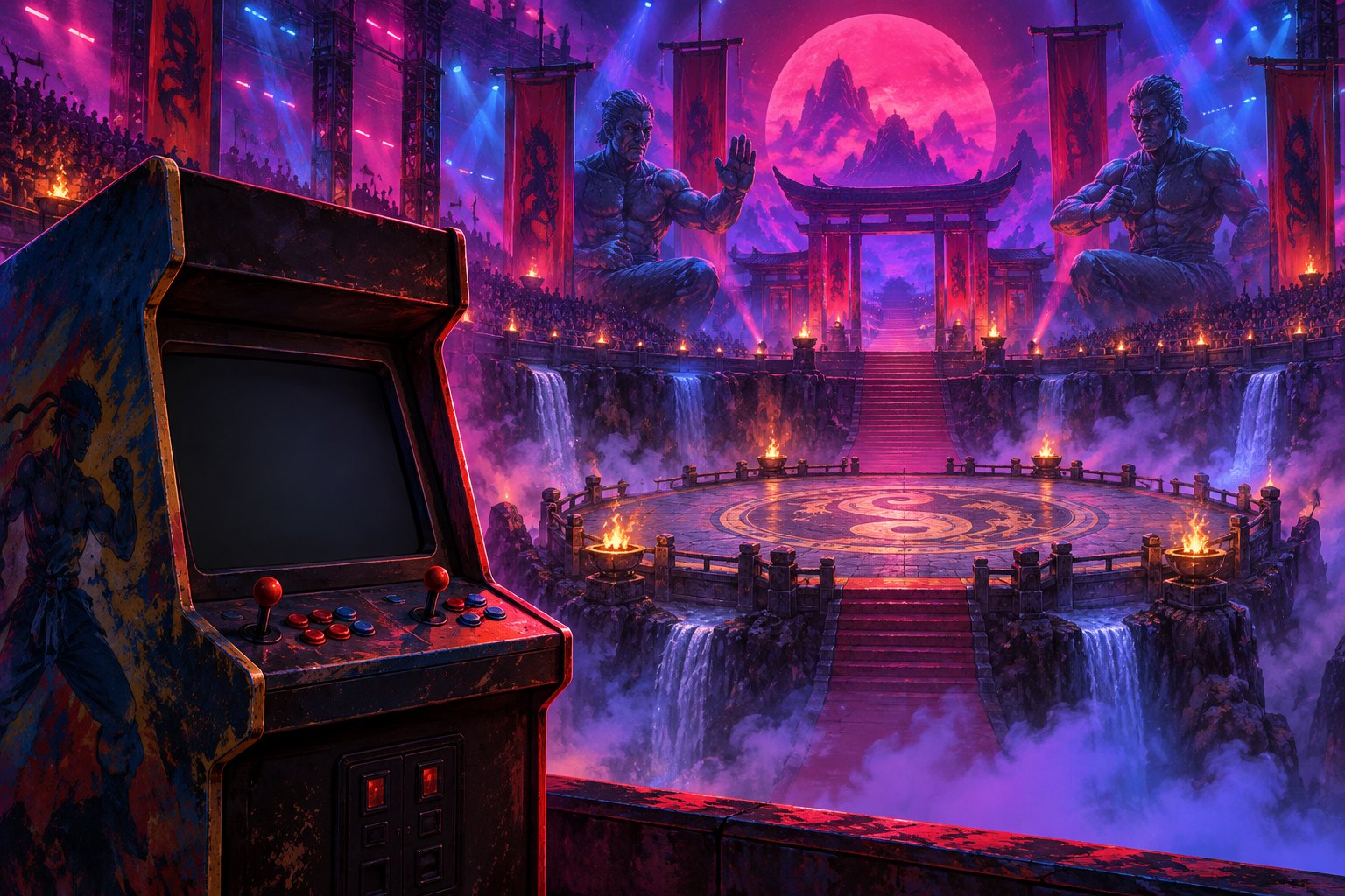 Conceptual illustration of a vintage arcade cabinet facing a neon-lit martial arts arena.