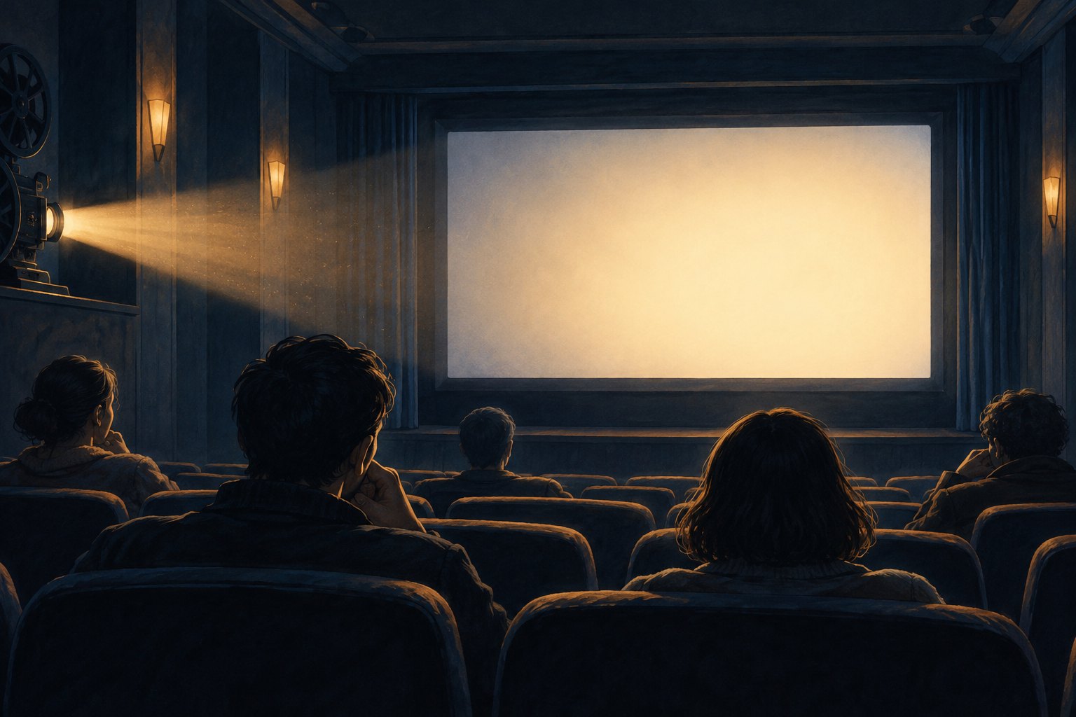 概念插画:观众坐在昏暗放映厅内,望向投影光束照亮的银幕