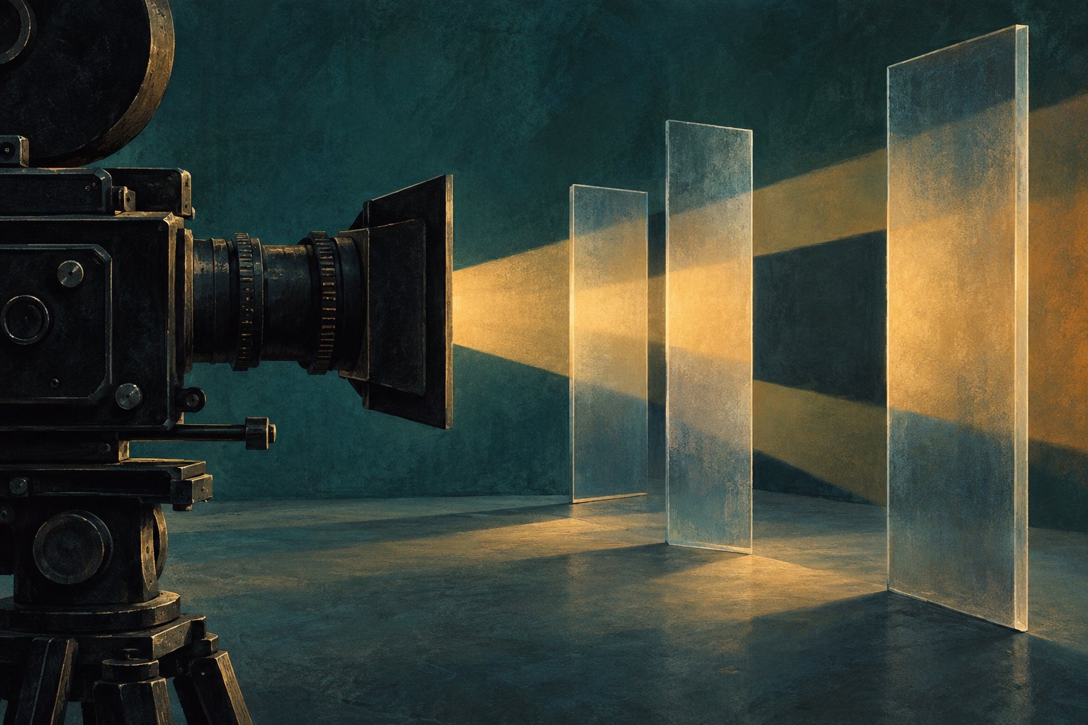 Conceptual illustration of a cinema camera facing translucent glass panels crossed by a beam of amber light.