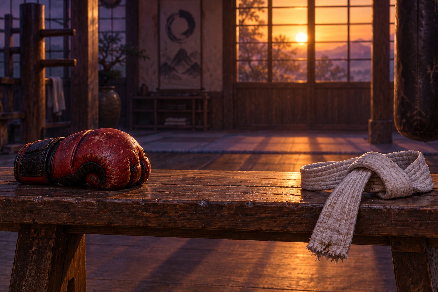 A worn red martial arts glove and white belt rest apart on a wooden bench in a sunset-lit dojo.