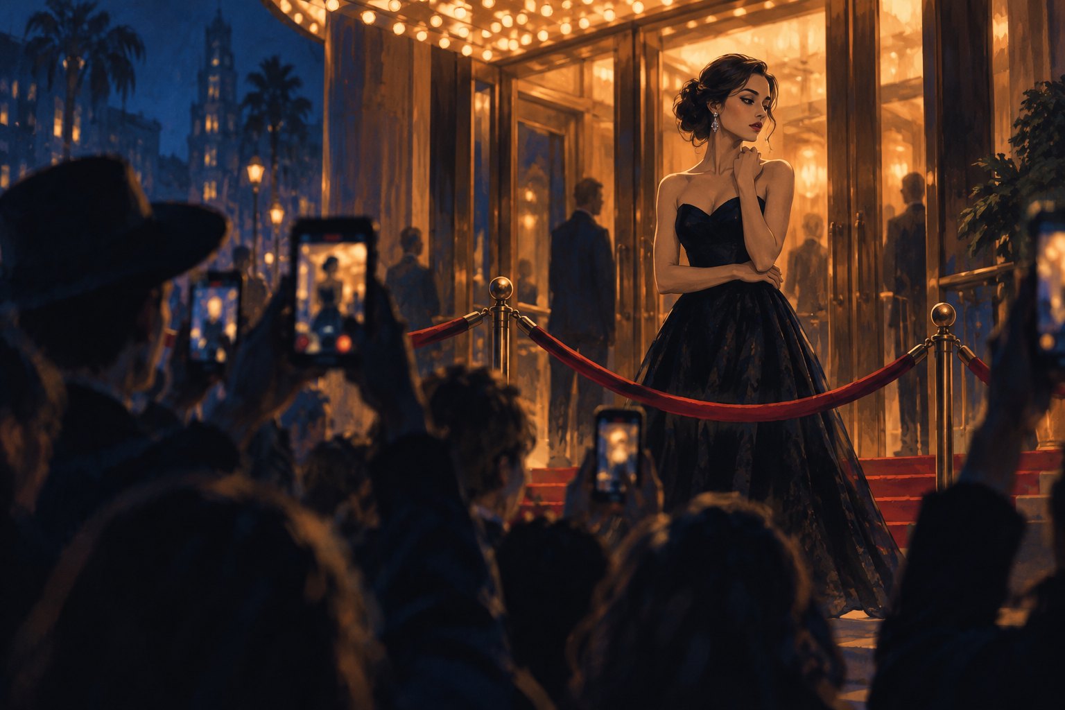 An illustrated movie star stands beyond a velvet rope at a glowing cinema entrance as spectators hold up phones.