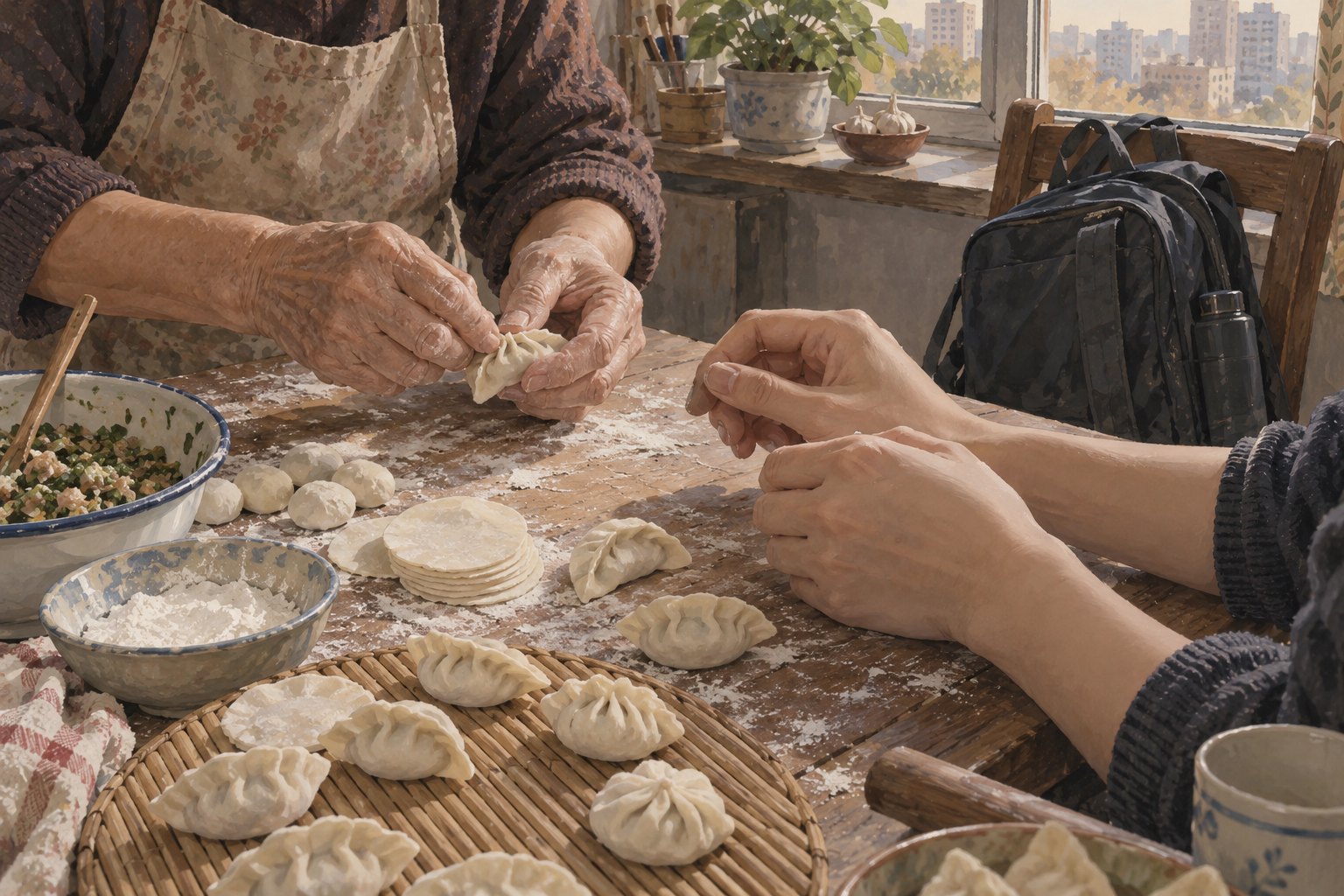 生活主题插画:长辈与年轻人在木桌旁包饺子,椅背上的通勤背包与窗外楼房映出当代日常