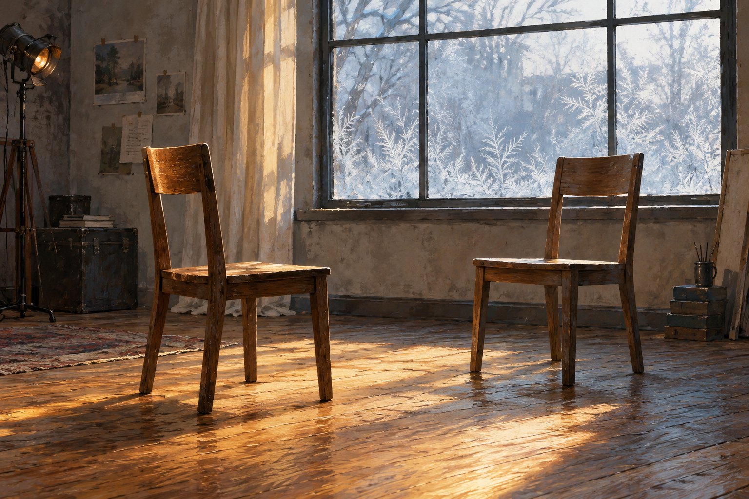 Conceptual illustration of two empty wooden chairs facing inward beside a frosted rehearsal-room window.