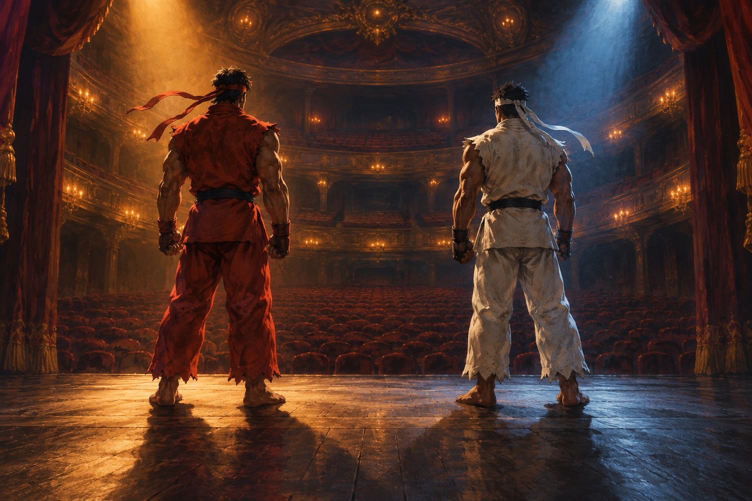 Conceptual illustration of two martial artists in red and white uniforms facing an empty theater beneath amber and blue spotlights.