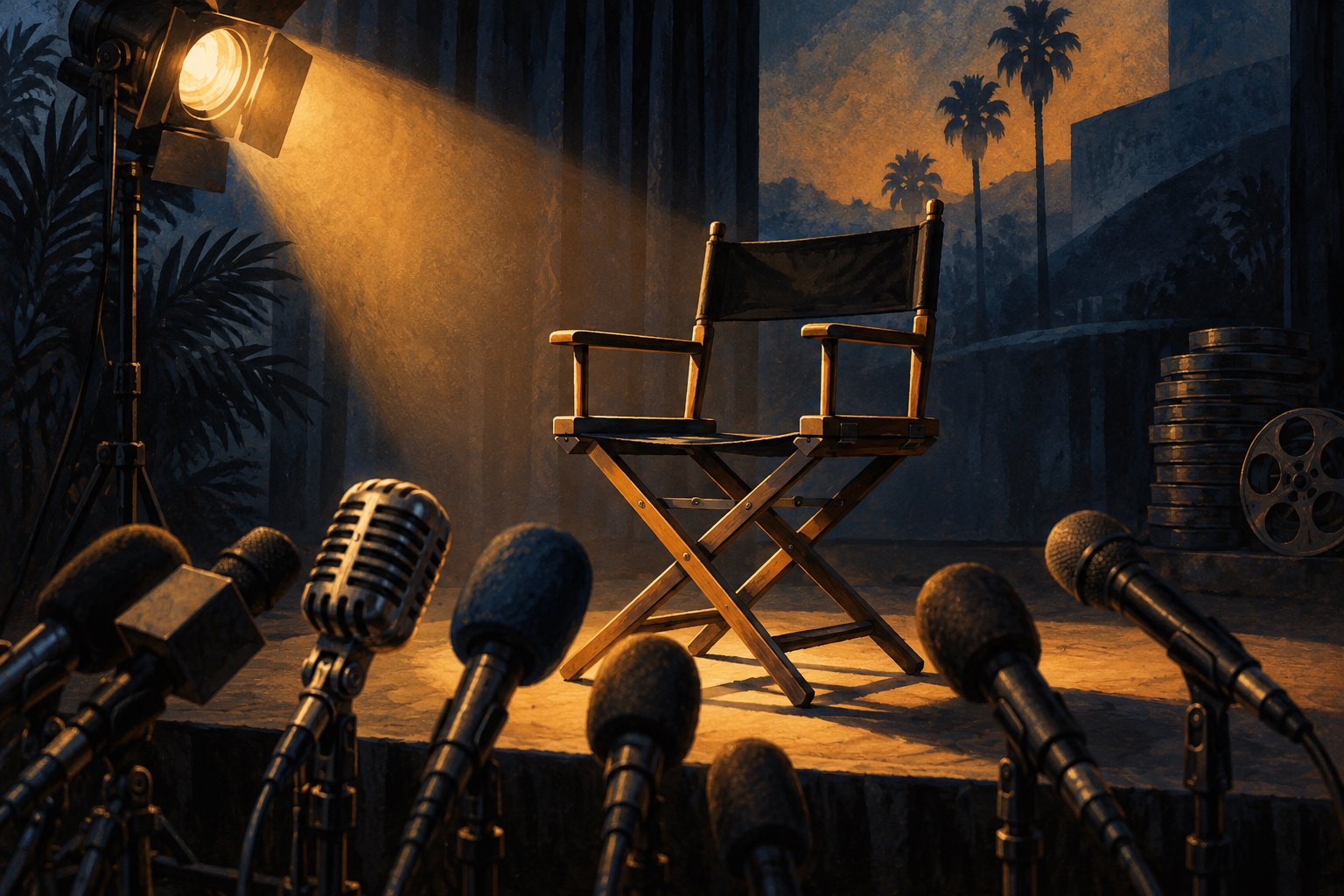 Editorial illustration of an empty actor’s chair under a spotlight with microphones pointing toward it.