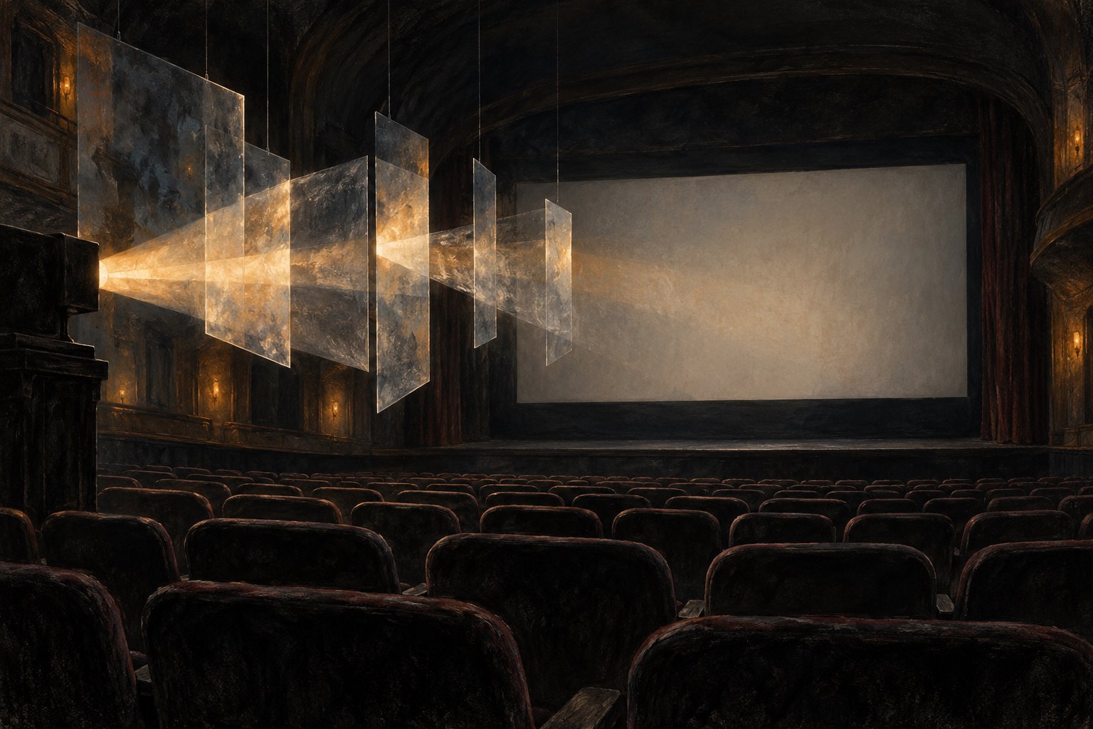 Symbolic illustration of an empty theater with a blank screen and a projection beam interrupted by translucent panes.
