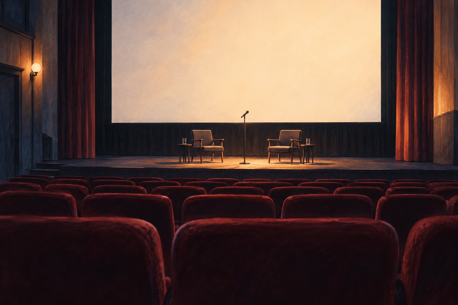 影院座椅朝向柔光中的空舞台，两张椅子与麦克风构成映后交流主题插画