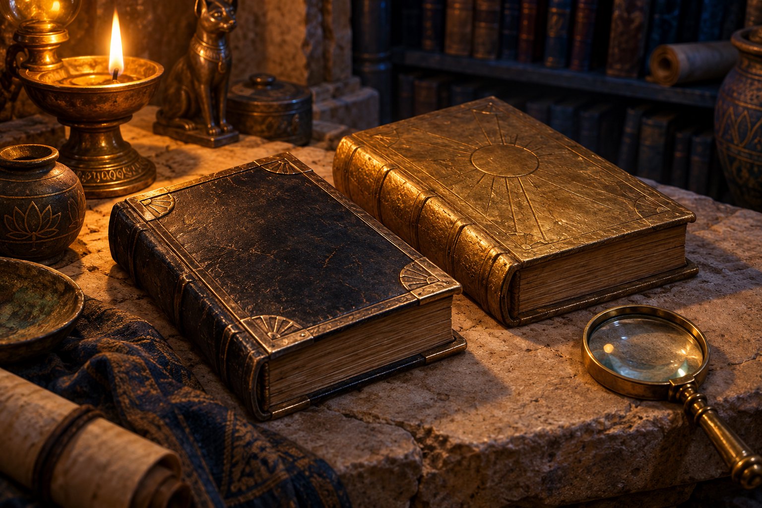 Symbolic illustration of black and gold books beside a magnifying glass and an oil lamp on a sandstone desk.