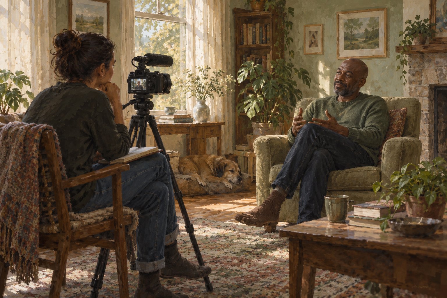 Conceptual illustration of a filmmaker listening to an interview participant beside a camera in a sunlit living room.