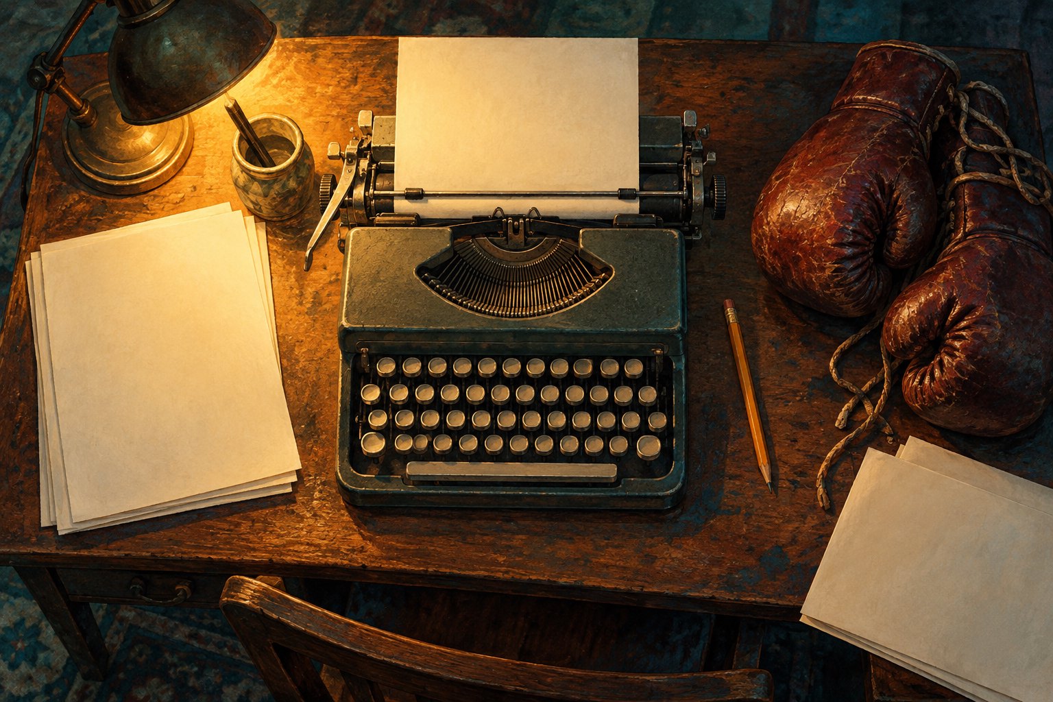 Conceptual illustration of a vintage typewriter, blank paper, and boxing gloves on a wooden desk under warm lamplight.