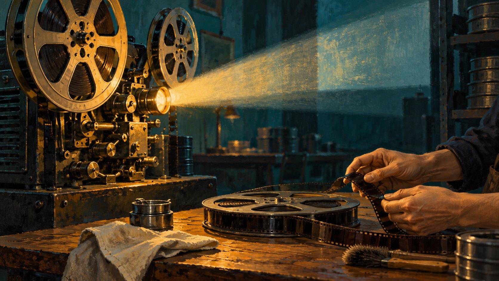 膠卷放映機投出光束,工作者在桌旁整理膠卷的概念插畫,非活動現場紀錄