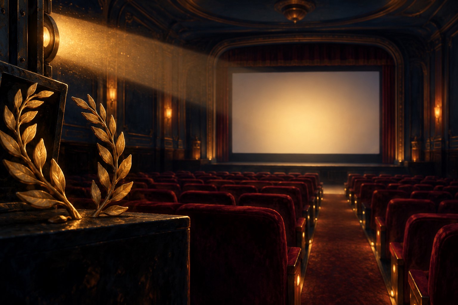 Conceptual illustration of golden laurel branches beside burgundy cinema seats and a softly glowing screen.
