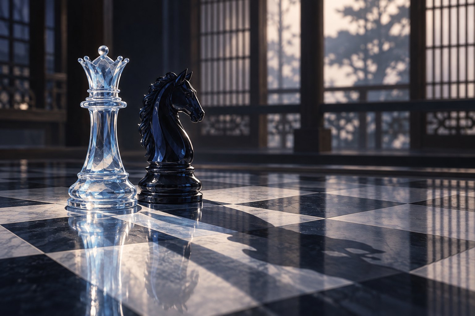 Symbolic illustration of an ice-blue glass queen beside a dark glass knight, with intersecting shadows on a chessboard.