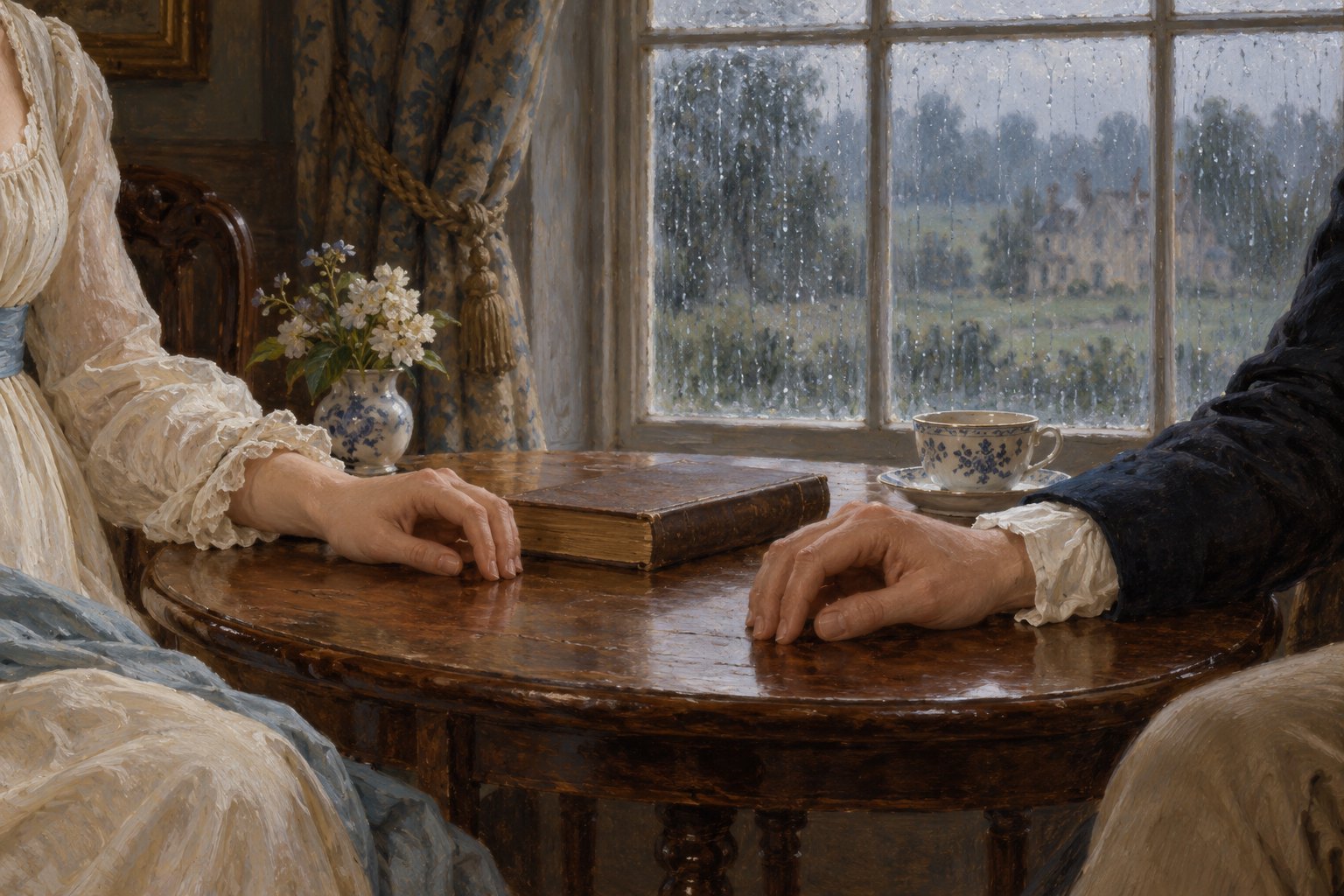 Literary illustration of two people’s hands resting apart on a wooden table beside a closed book and teacup near a rain-streaked window.
