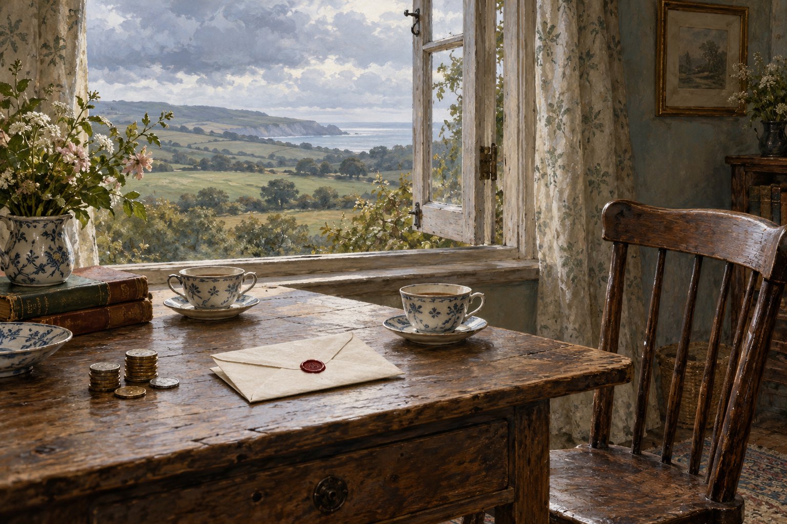 Literary illustration of a sealed letter, coins, and teacups on a cottage table beside an open countryside window.