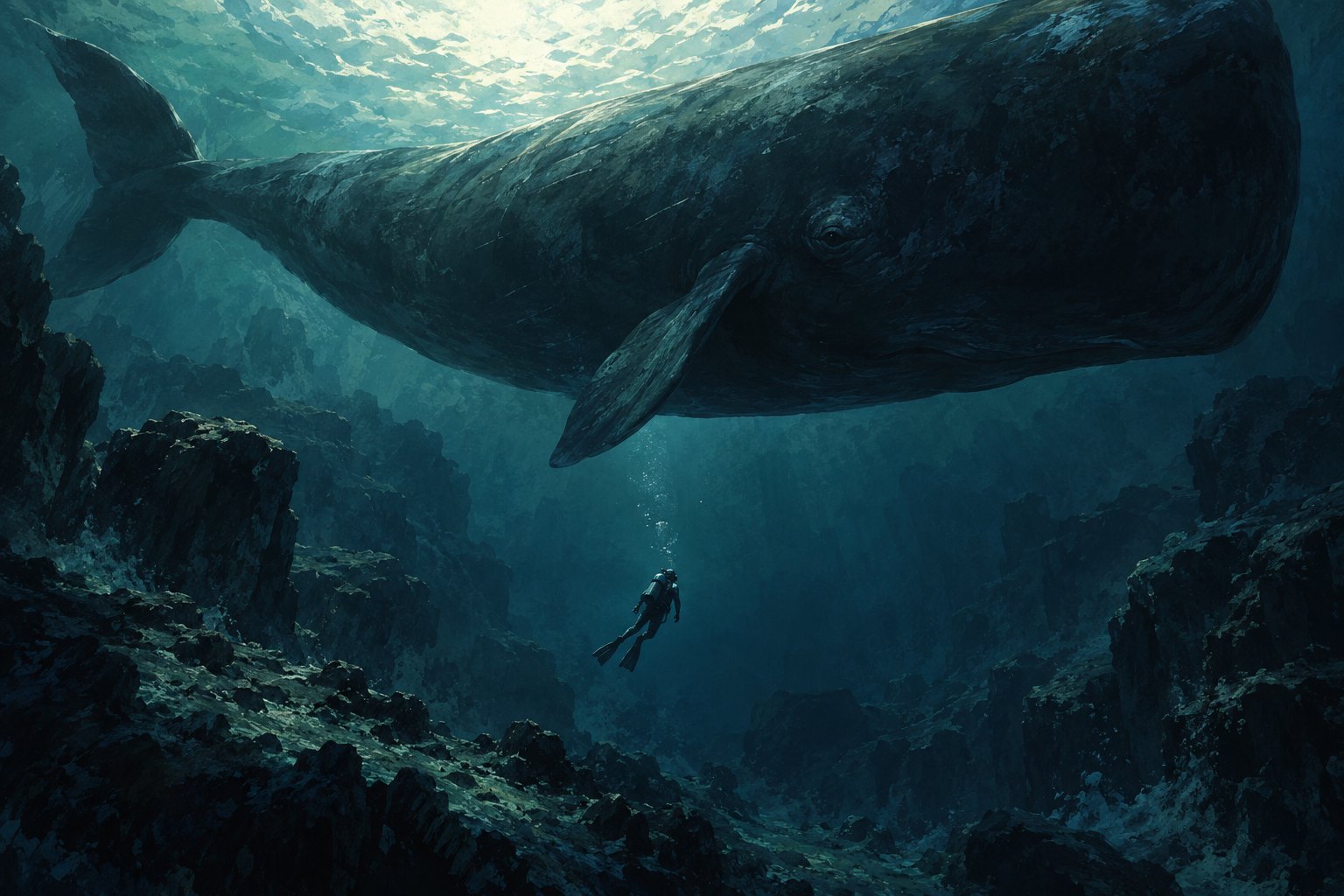 Conceptual ocean illustration of a small scuba diver beneath the enormous silhouette of a sperm whale.