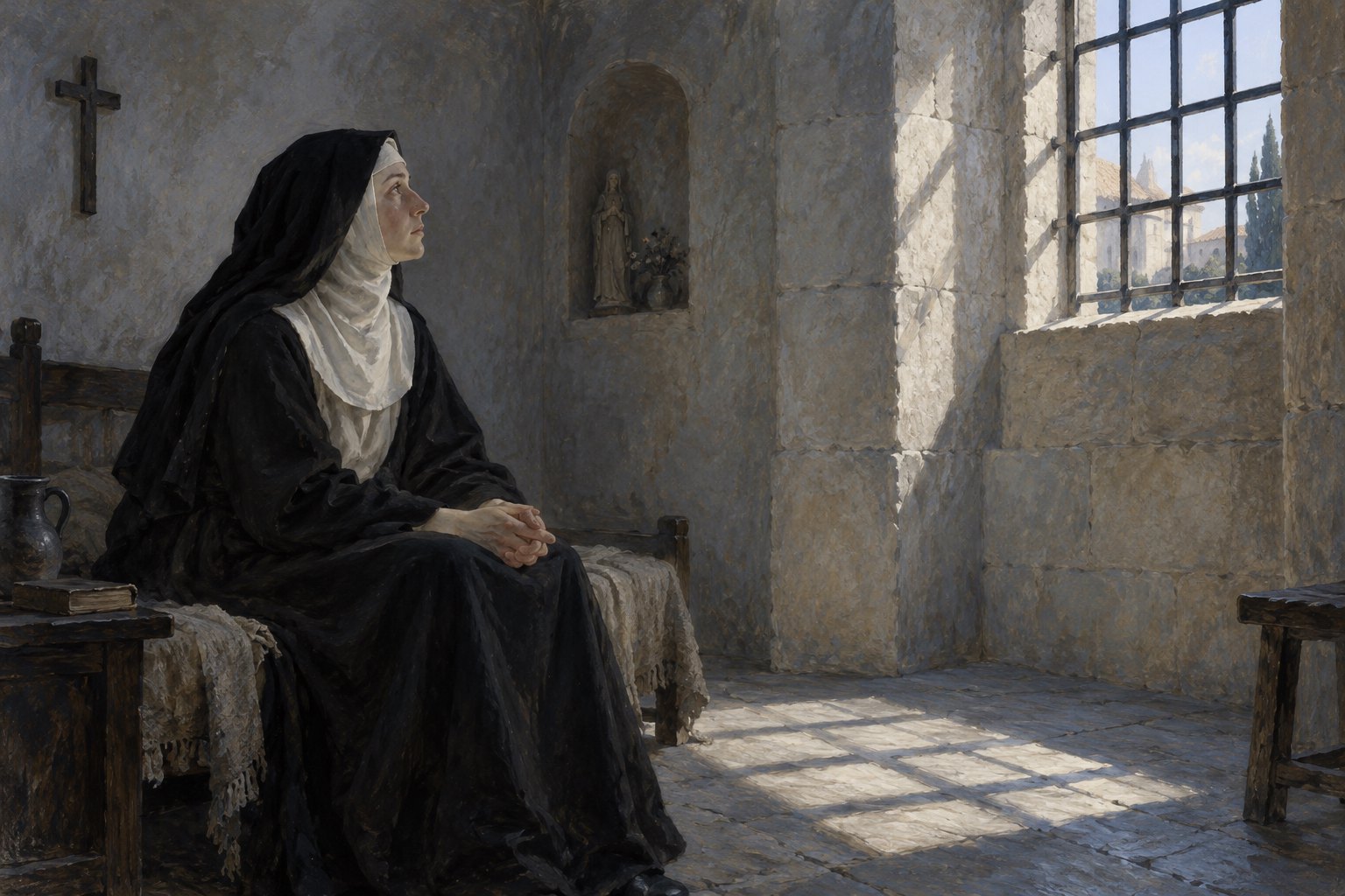 Original illustration of a nun seated alone in a stone room as daylight through a barred window casts shadows across the floor.