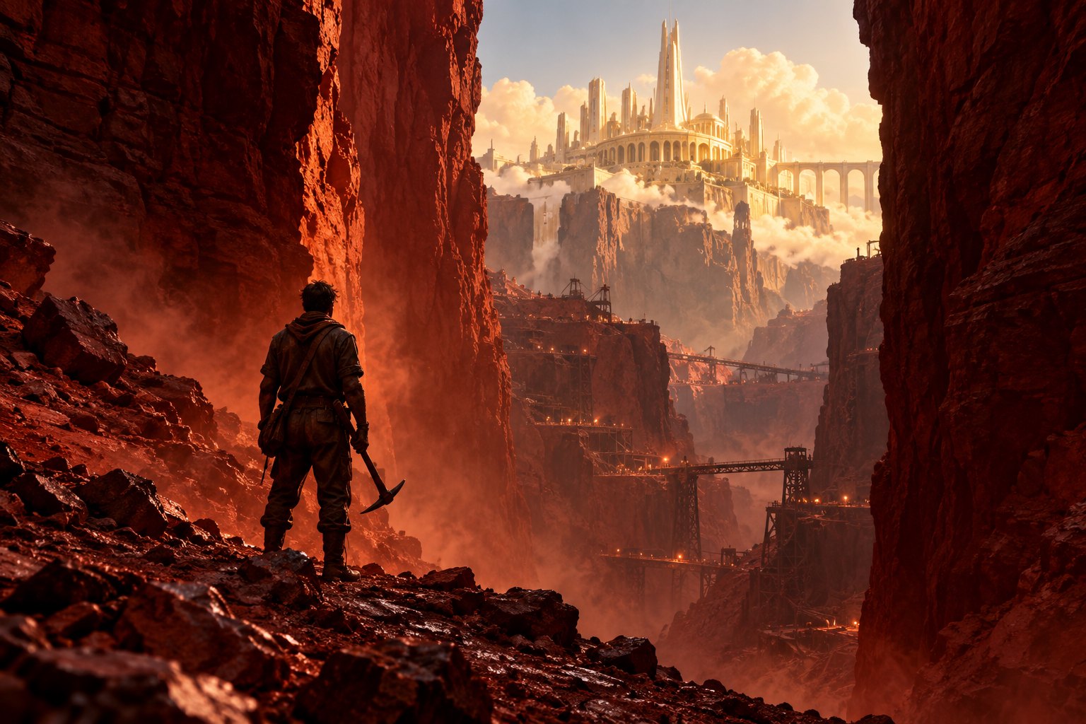 Concept illustration of a lone miner in a rust-red cavern looking toward a distant golden city.
