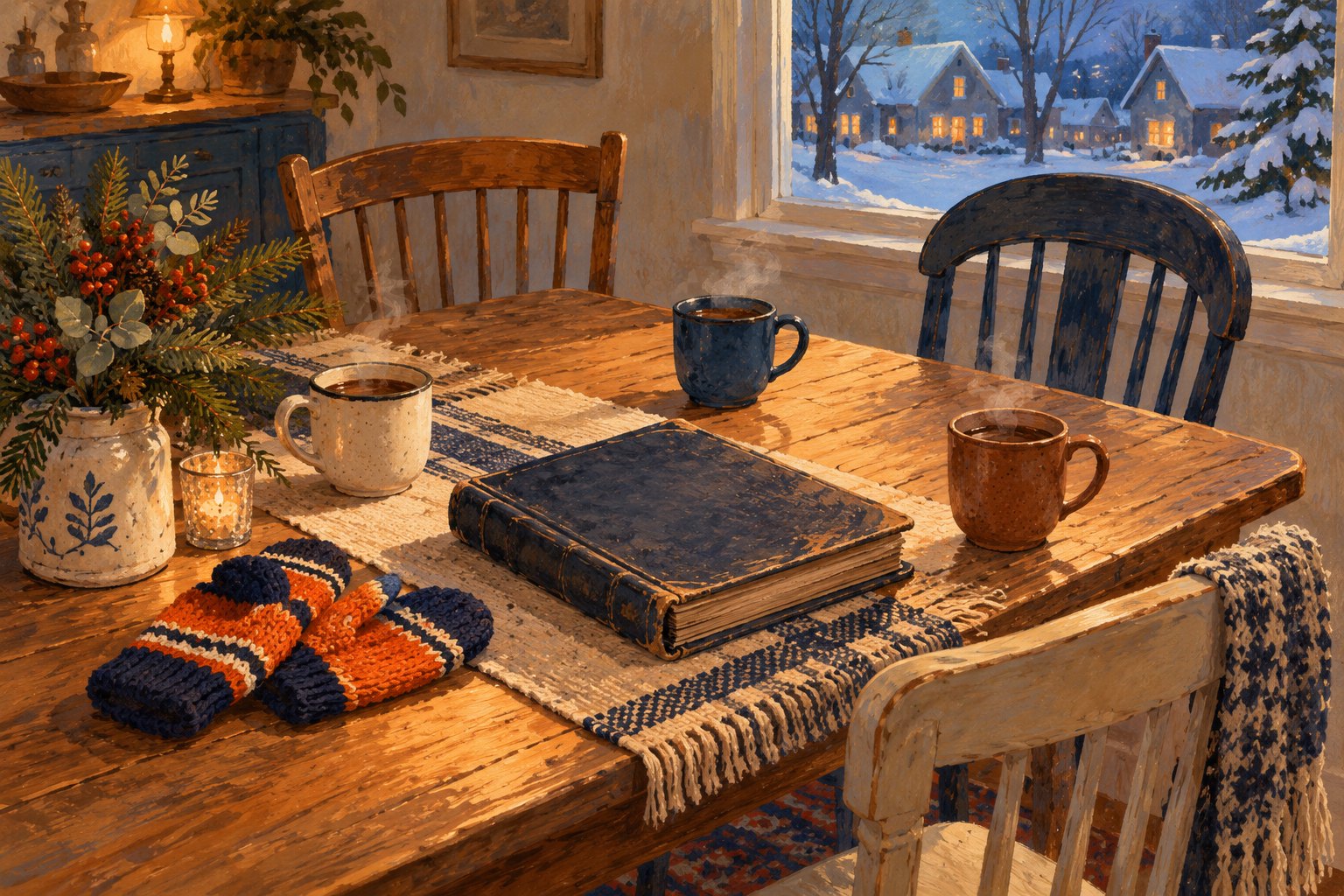 An illustrated winter gathering table holds three steaming mugs, a worn photo album, knitted mittens, and evergreen branches.