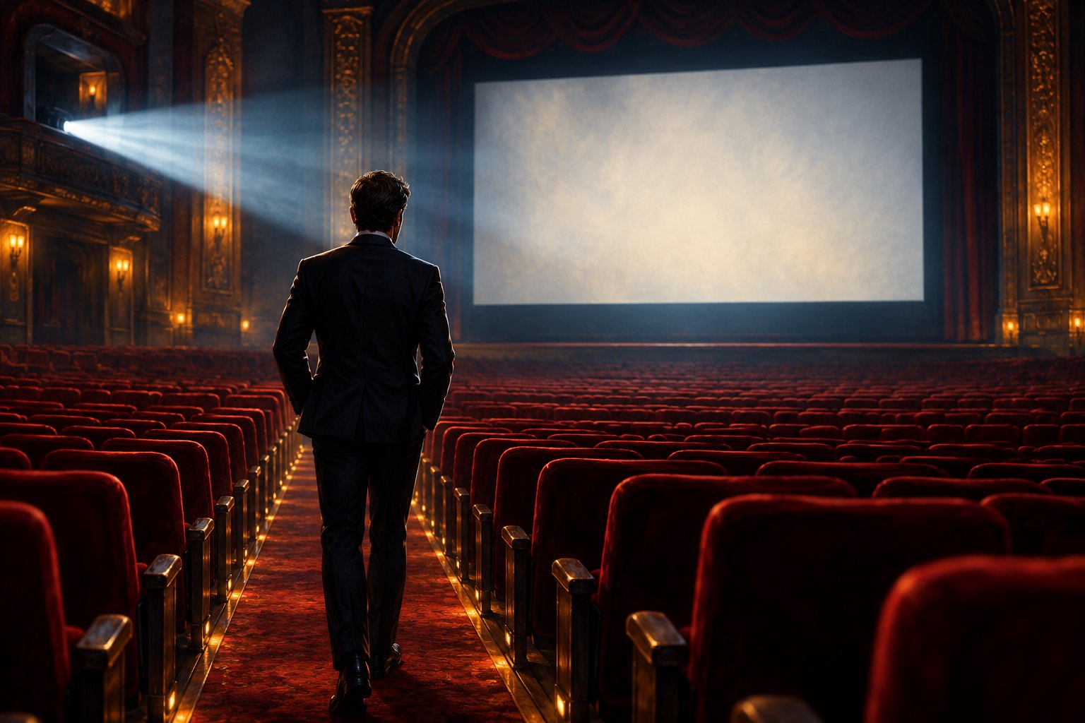 Conceptual illustration of a solitary suited figure facing a blank screen in an empty movie theater.