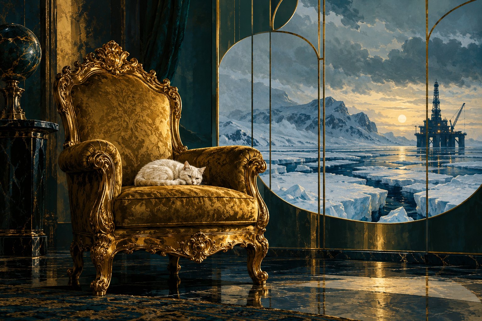 Conceptual illustration of a white cat on an ornate gold chair overlooking fractured polar ice and an oil rig.