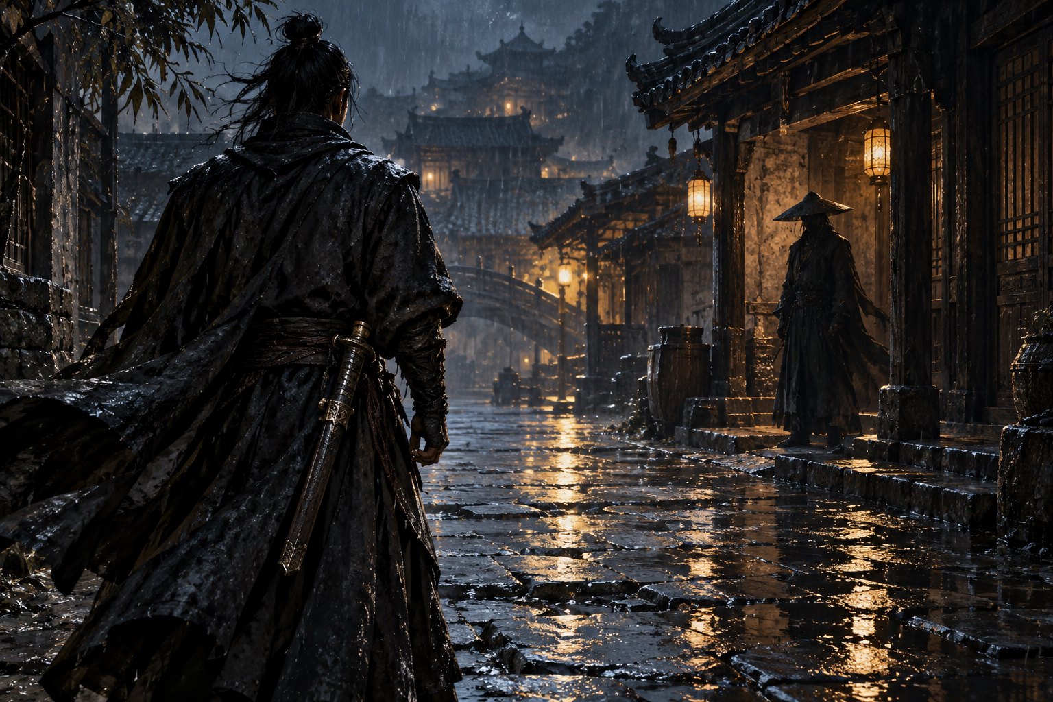 武侠主题插画:雨夜古巷中两名江湖人物隔着湿润石板路对峙