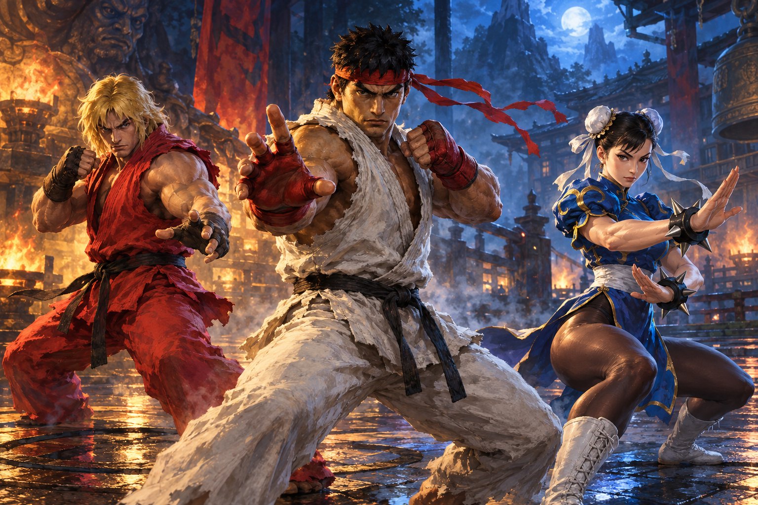Illustration of Ryu, Ken, and Chun-Li holding fighting stances in a firelit courtyard.