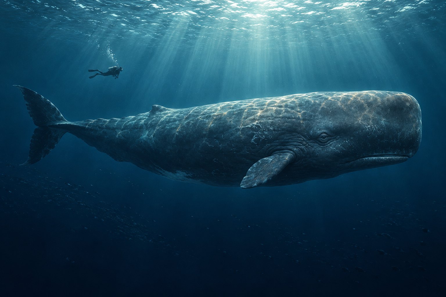 Editorial illustration of a sperm whale beneath a distant scuba diver in a vast blue ocean.