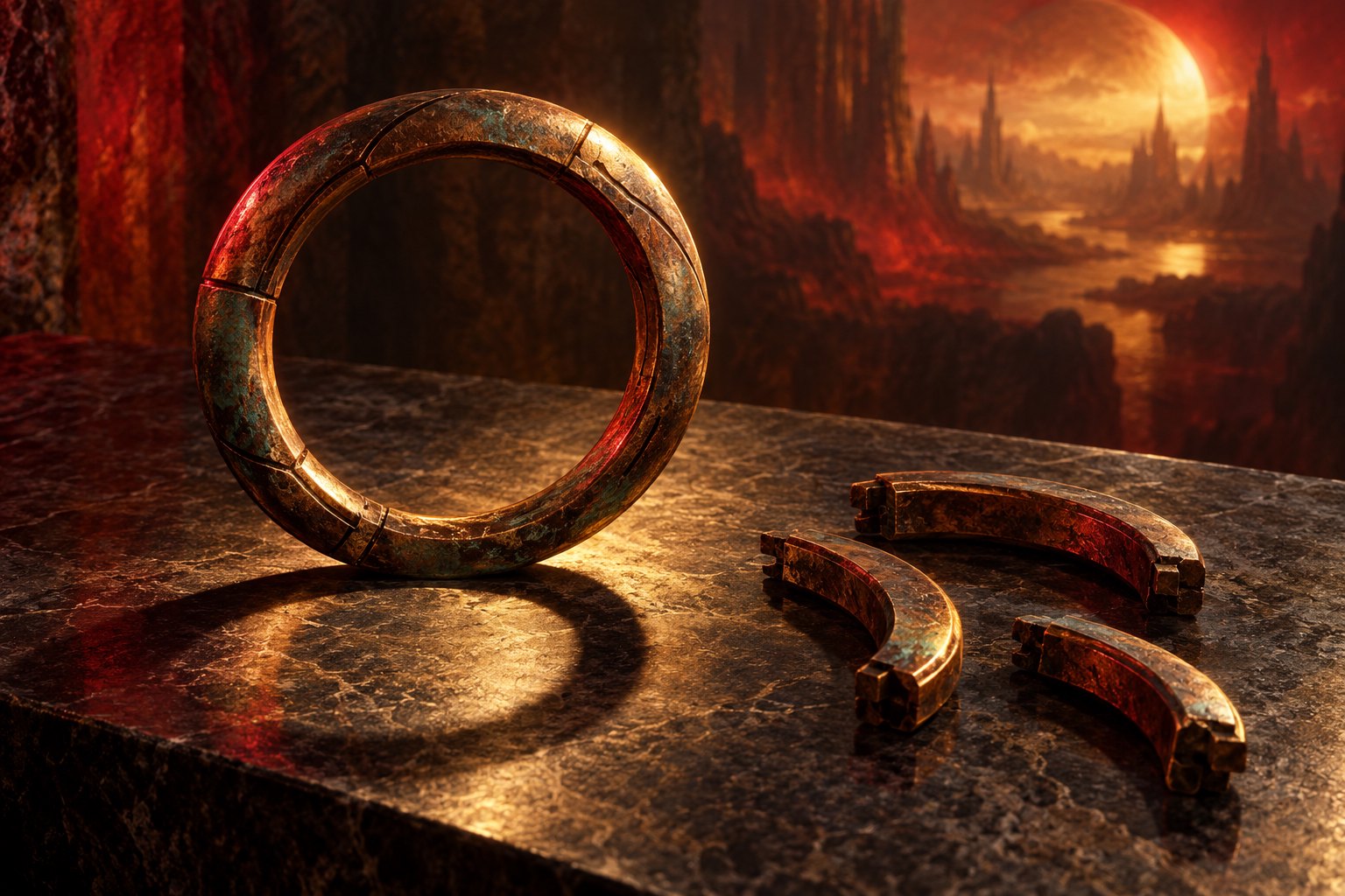 A complete copper ring casts a circular shadow on a dark table beside several unfinished metal segments.