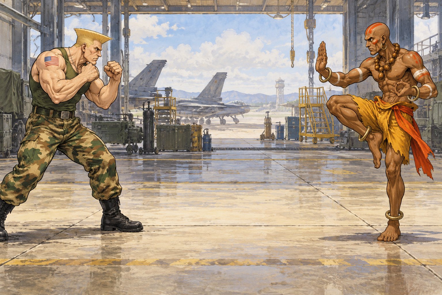 Illustration of Guile and Dhalsim facing each other with contrasting fighting stances inside an aircraft hangar.