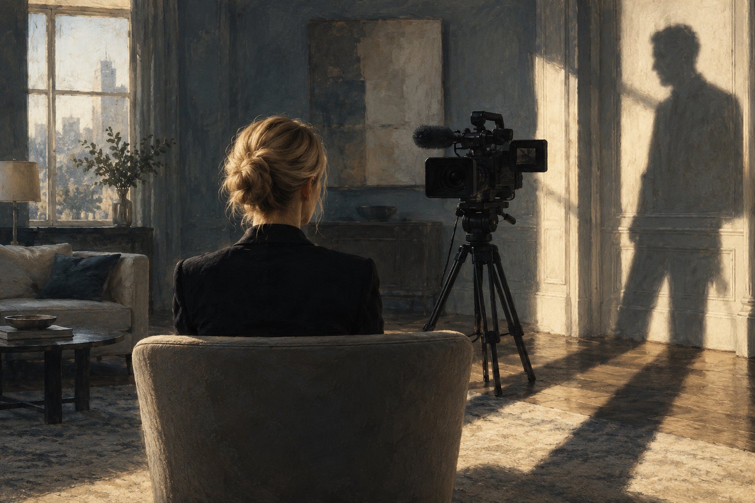 Conceptual illustration of a blonde woman facing a documentary camera while a man's shadow stretches across the room.