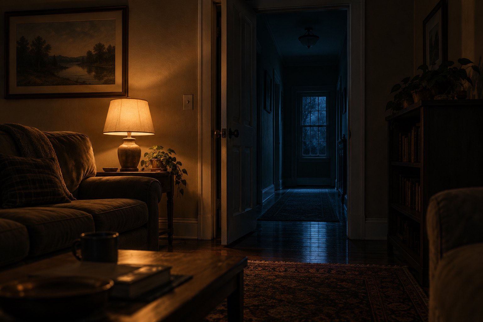 Conceptual horror illustration of a dim living room opening onto a shadowed hallway, with warm lamplight contrasting against cool darkness.