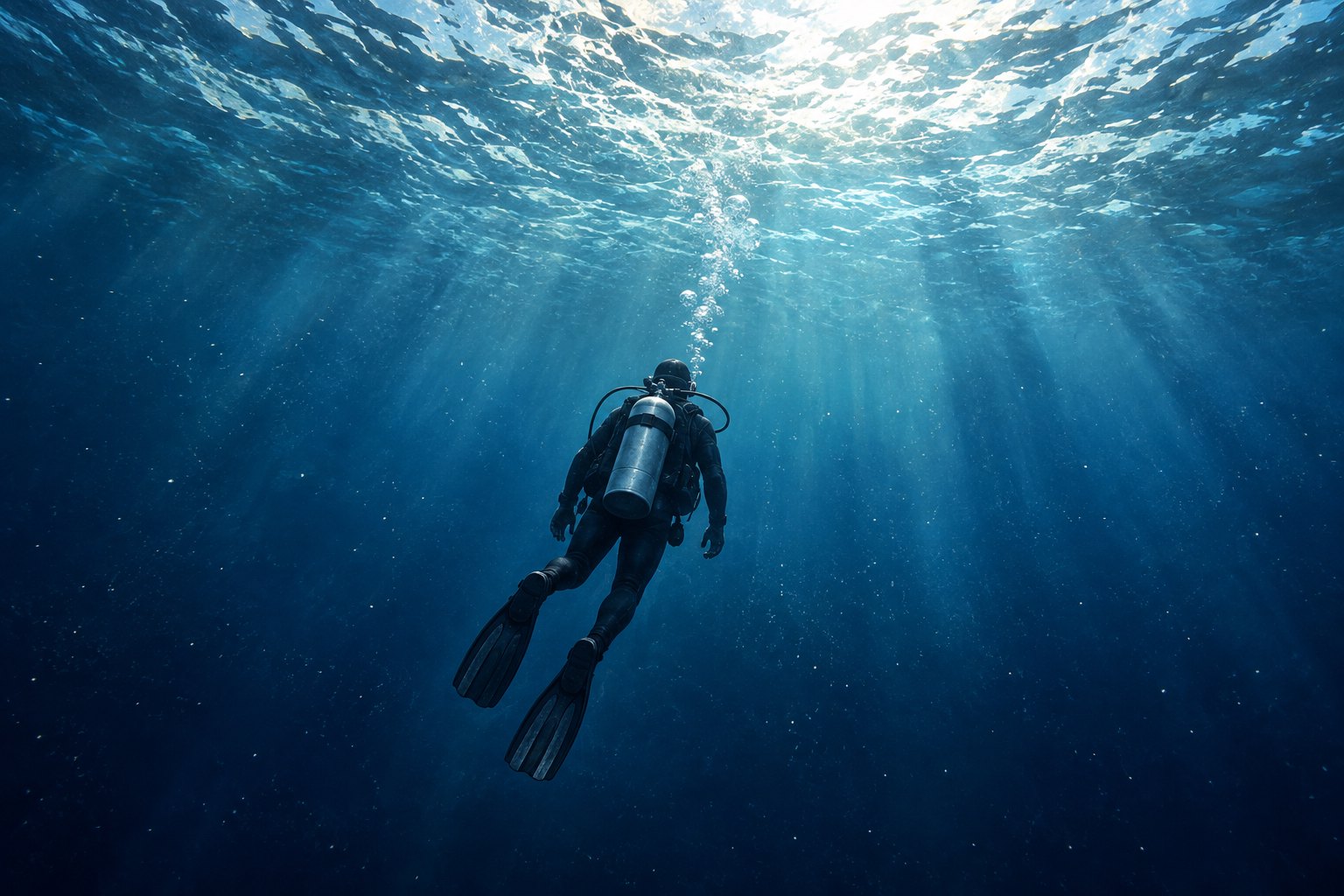 Editorial illustration of a lone scuba diver with a silver air tank beneath a bright ocean surface.