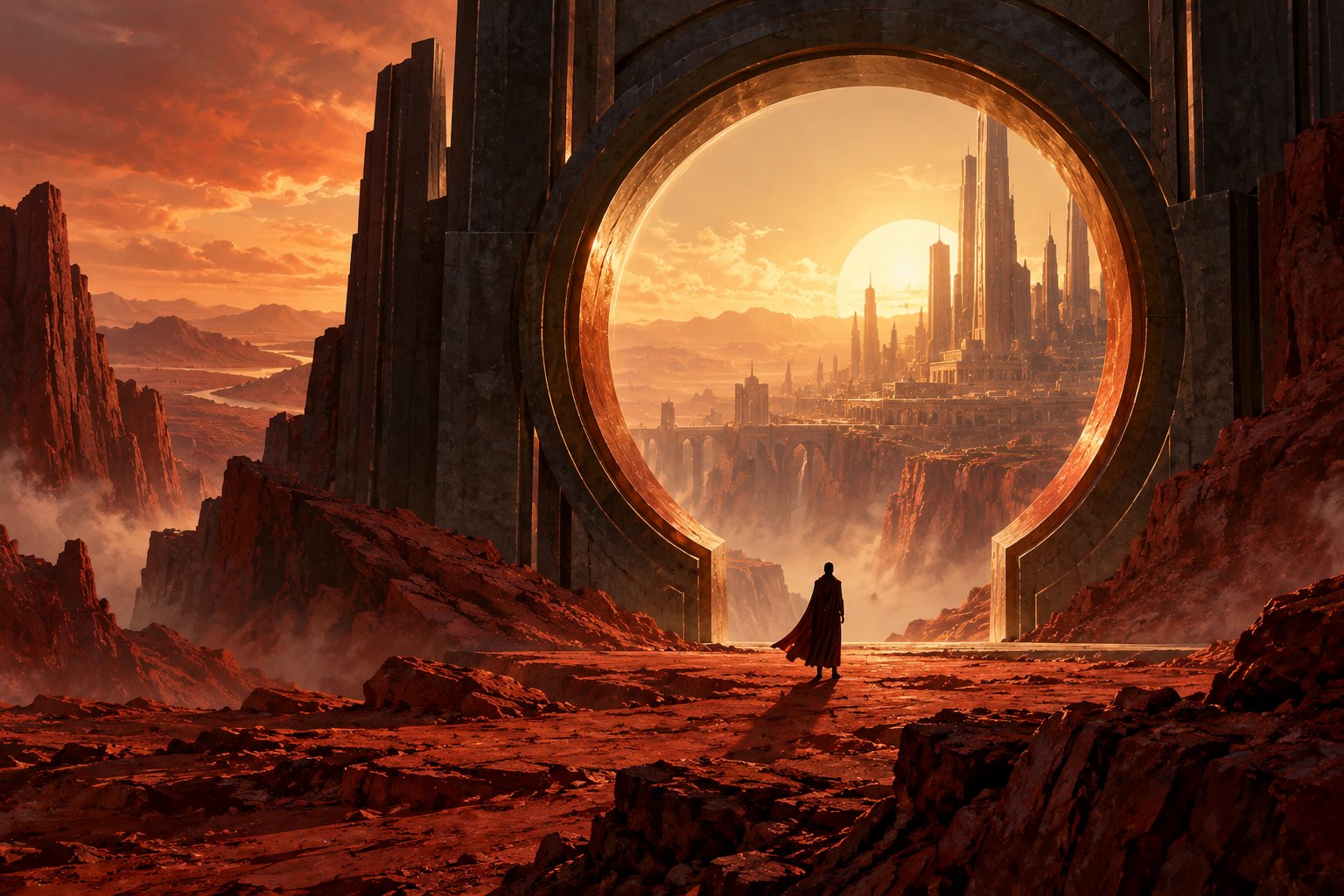 A solitary silhouette faces an enormous circular doorway glowing above a rust-red rocky landscape.